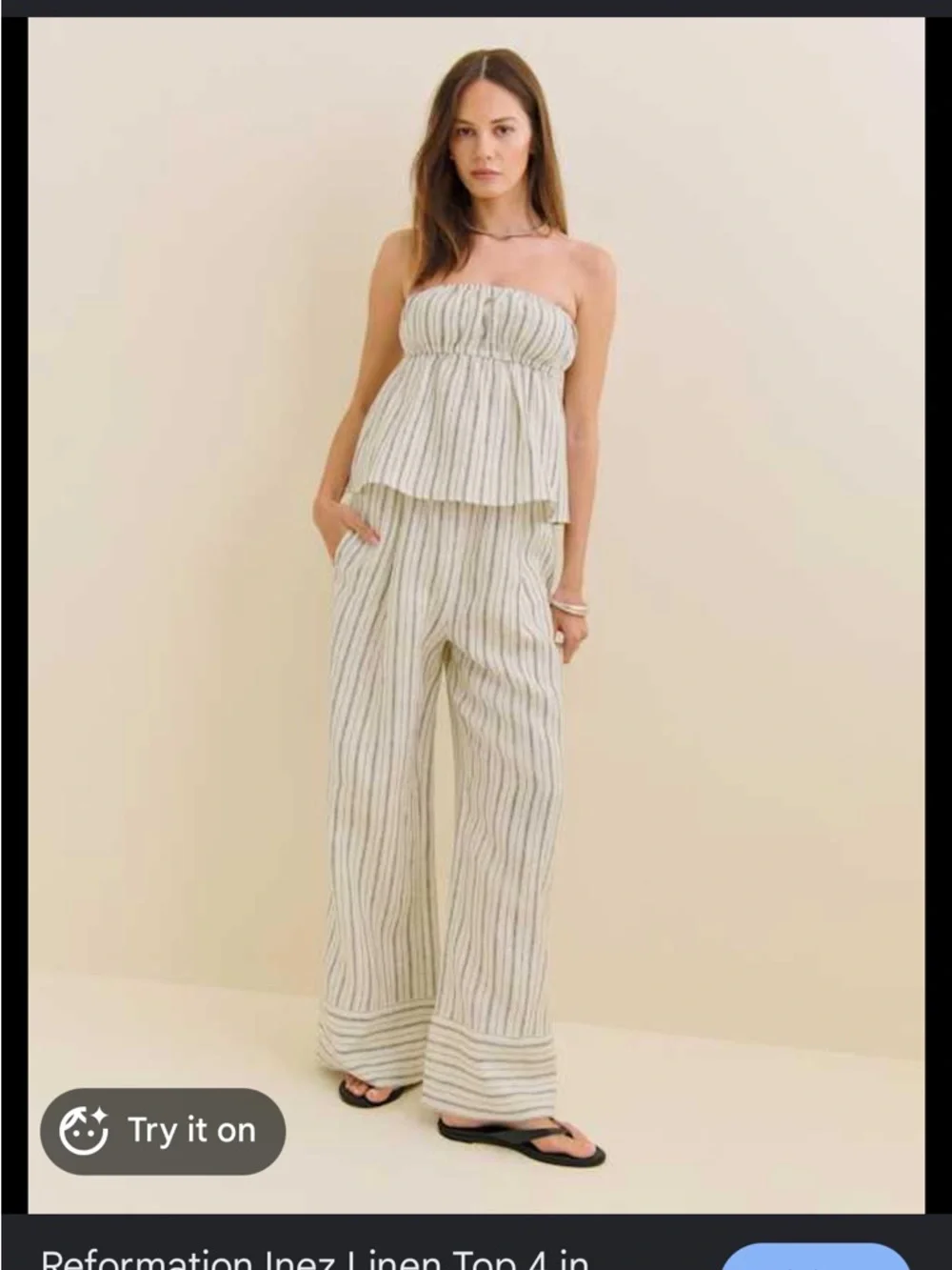 Reformation Inez Linen Two Piece Set Natural Stripe Top 4 Pants Medium Petite